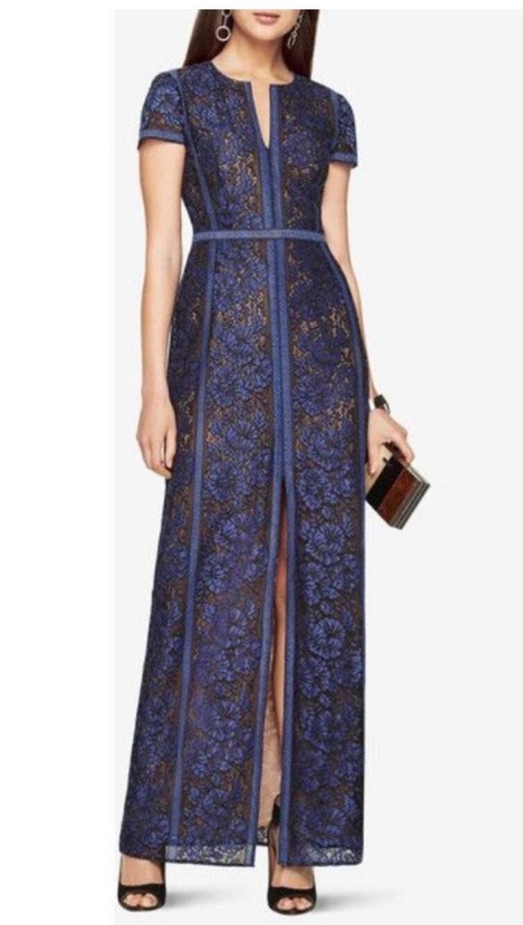 BCBGMAXAZRIA Blue Maxi Short Sleeve Lace Nude Cailean Formal Dress Gown 6 NWT